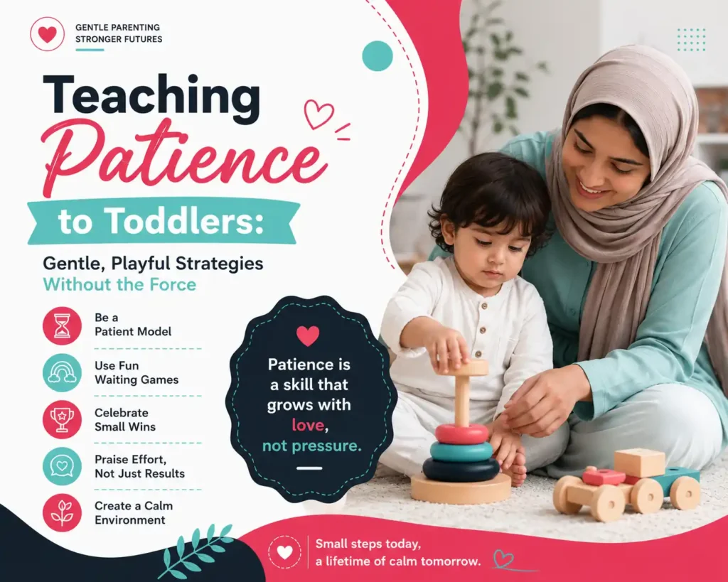 Infographic titled “Teaching Patience to Toddlers” showing a smiling woman in a hijab helping a toddler stack colorful rings, with gentle parenting strategies listed.