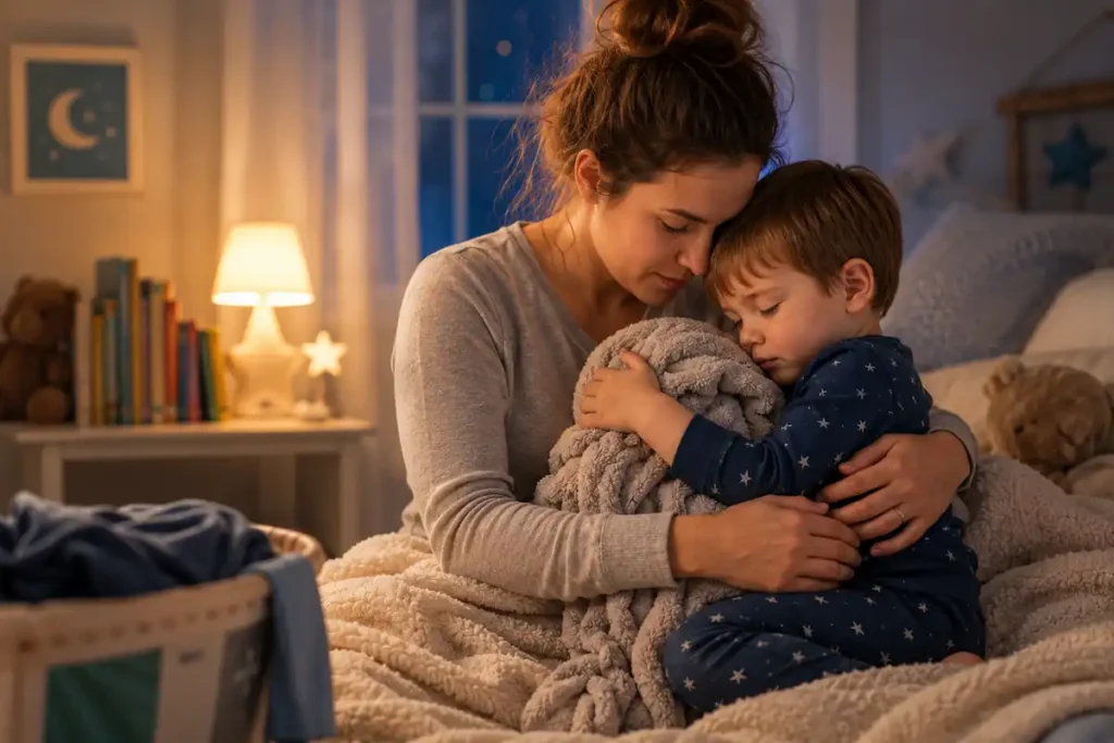 Mother comforting toddler holding a comfort blanket