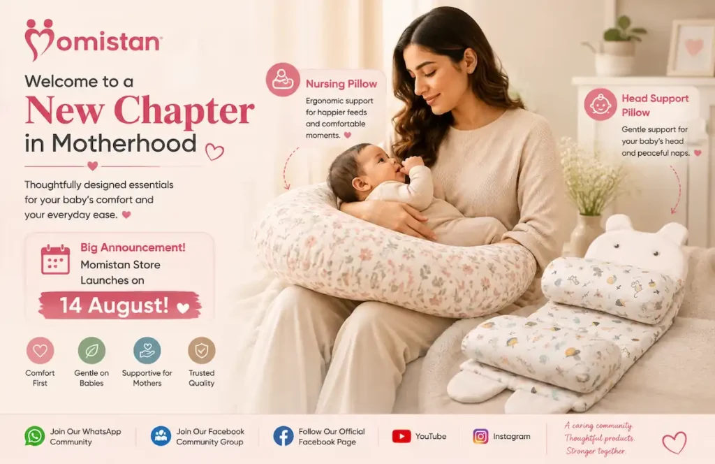 Momistan store launch with mother, baby and pillows