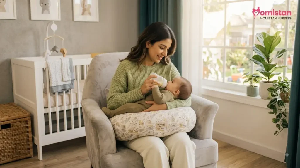 A mother using nursing pillow feeding here baby