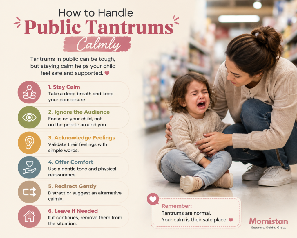 Mother comforting toddler during a public tantrum.