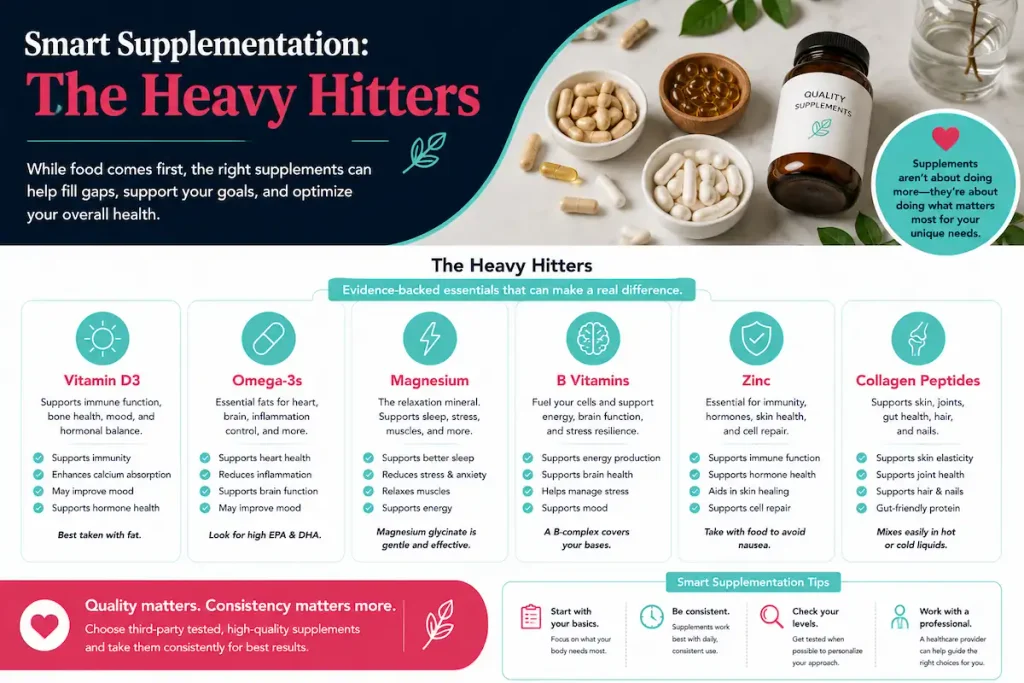 How to Improve Egg Quality Naturally: A Realist’s Guide to Better Fertility 3 Infographic: Smart supplementation guide featuring 6 heavy-hitter supplements and tips
