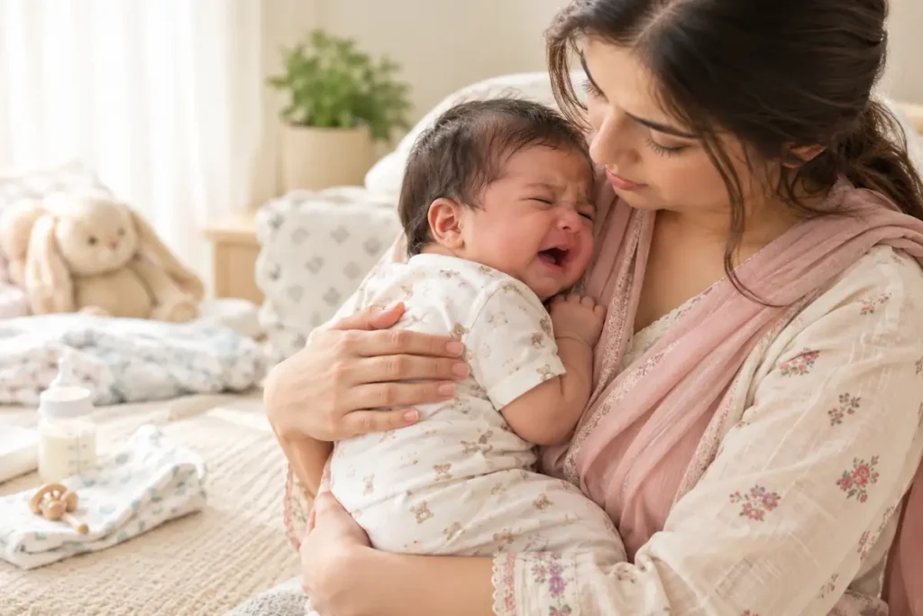 Mother holding a crying newborn baby against her chest.