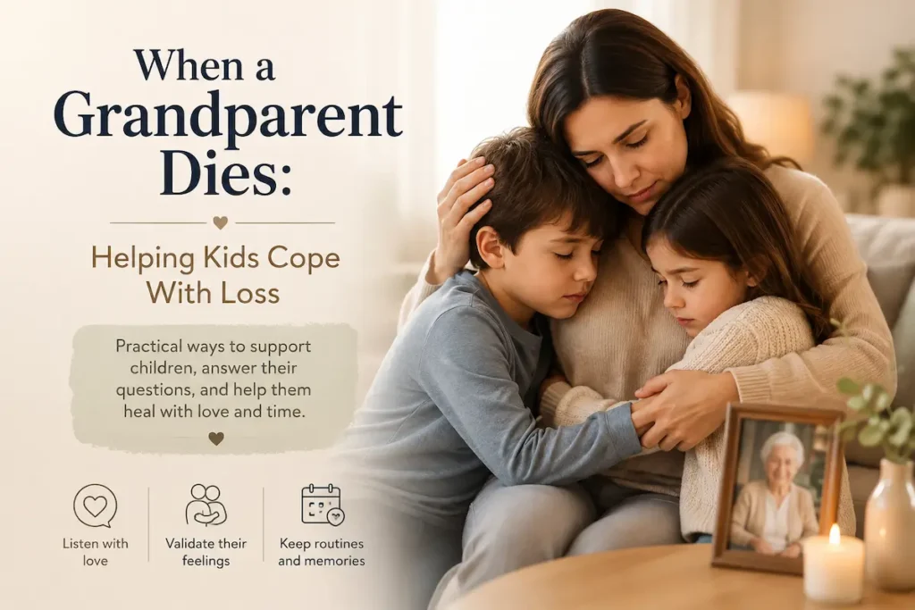 Mother hugs her sad young son and daughter beside a framed photo of their grandmother and a lit candle.